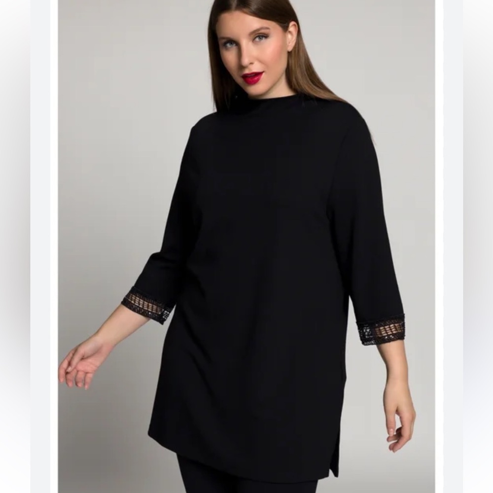 NWT Ulla Popken Embellished Sleeve Hem Ponte black Stretch Knit Top plus 24